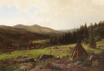 Charcoal Burner Family in Front of a Vast Hilly Landscape
